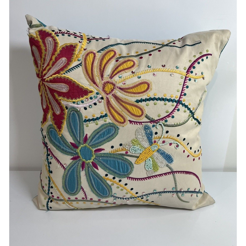 Pier 1 Imports Embroidered Beaded Floral Large Butterfly 13" Pillow Sequins